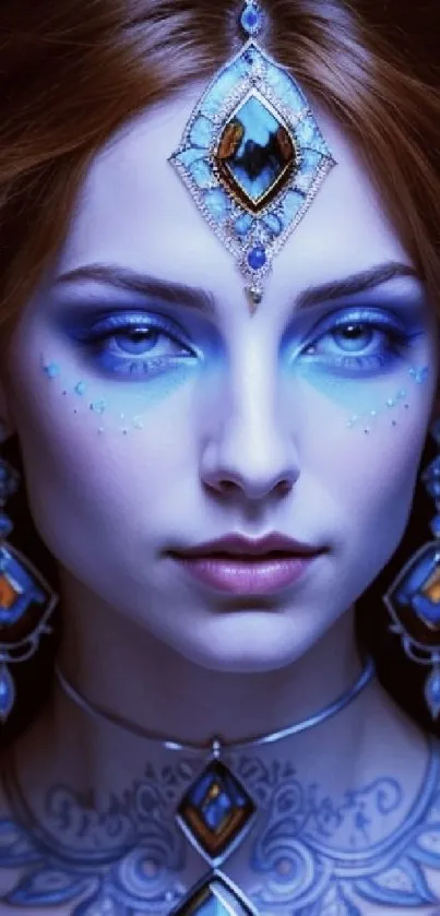 Enchanting figure with mystical blue makeup and jewelry.