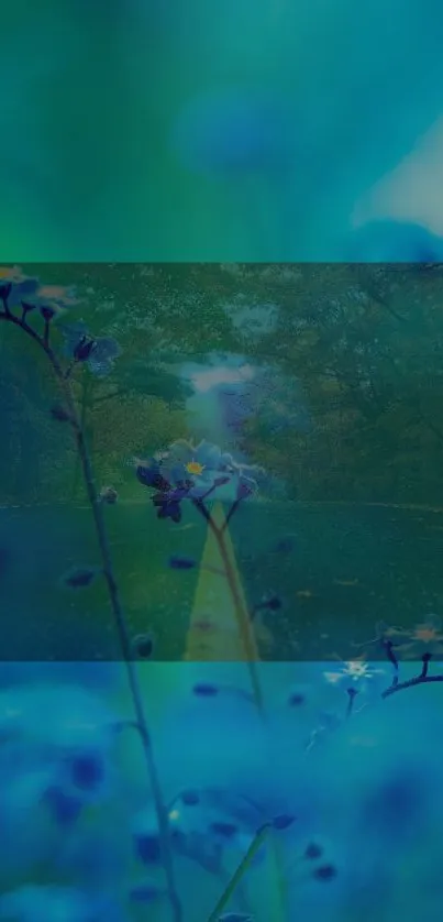 Vibrant blue flowers against a teal background with serene natural elements.