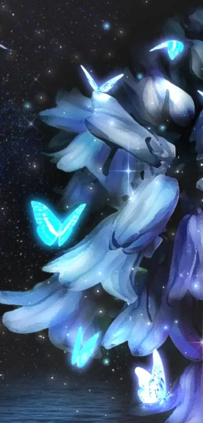 Blue butterflies glowing at night with stars.