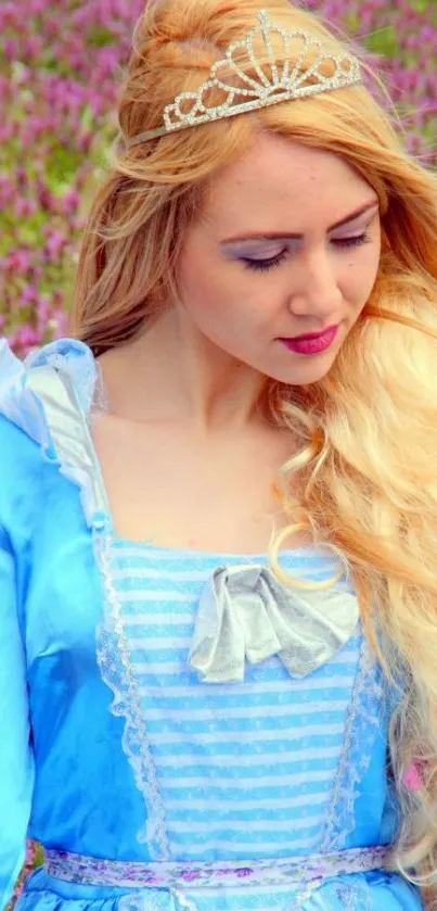 Princess in blue gown and tiara in field.