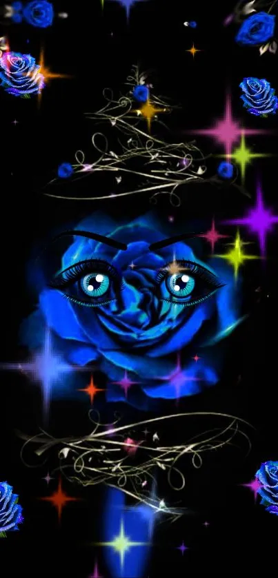 Blue rose with mystical eyes and vibrant fantasy elements in dark display.