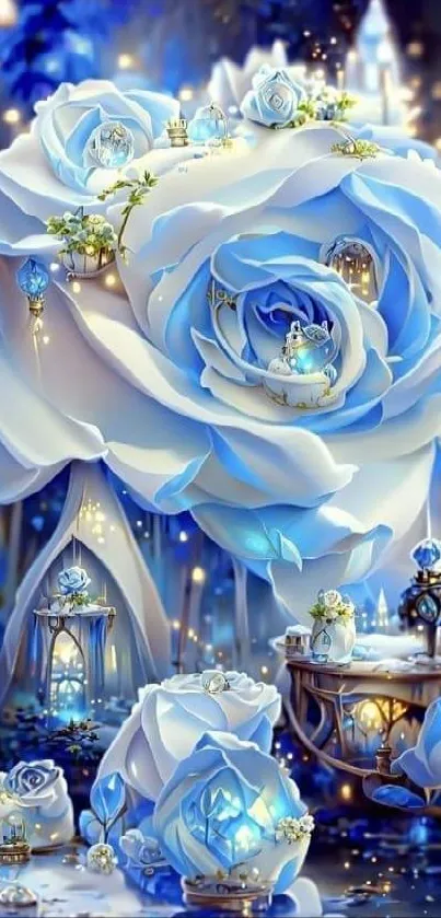 Enchanting blue rose with glowing details in a fantasy setting.