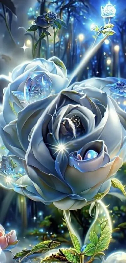 Enchanting blue rose with glowing elements in fantasy wallpaper art.