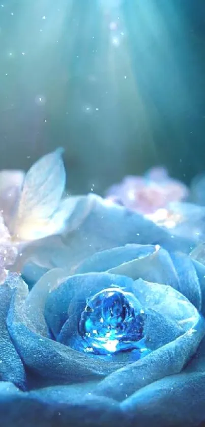 A mystical blue rose with sparkling crystals and soft lighting.