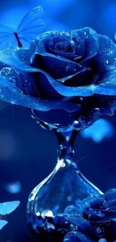 Beautiful blue rose with sparkling butterflies on a dark background.