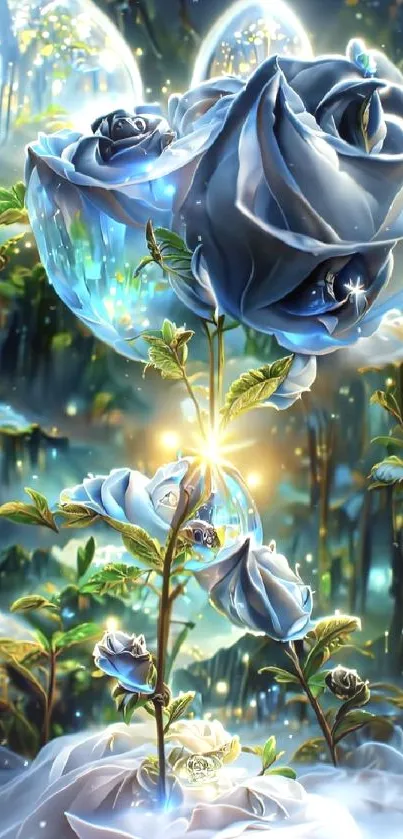 Magical blue roses glow in a mystical forest setting.