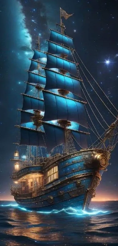 Fantasy sailboat under starry blue sky at night.