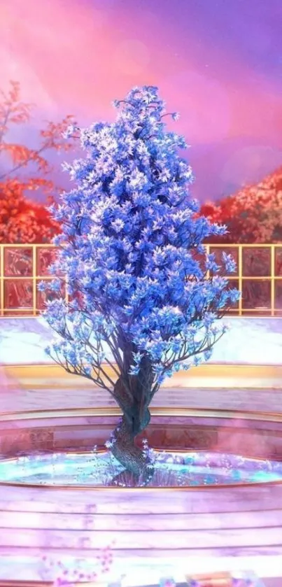 Fantasy wallpaper of a blue tree with vibrant pink and purple sky.