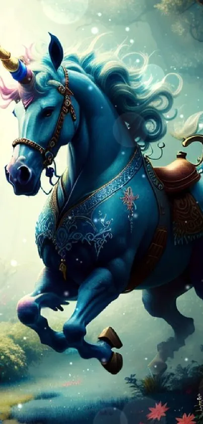 Blue unicorn galloping in a mystical forest setting with magical ambiance.