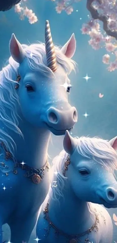 Enchanting blue unicorns in a dreamy forest with cherry blossoms.