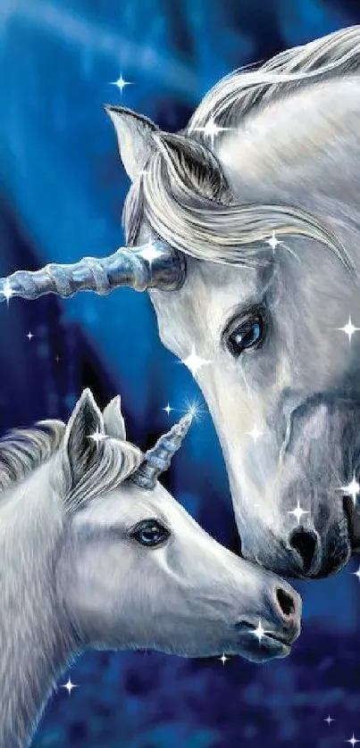 Elegant unicorns on a blue background.