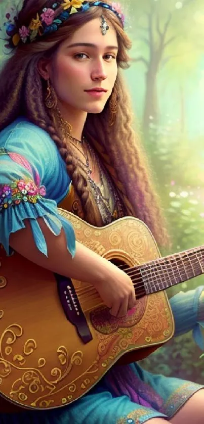 Bohemian woman playing guitar in a mystical forest setting.