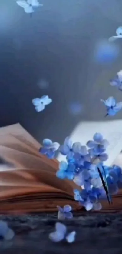 Open book with blue flowers floating softly.