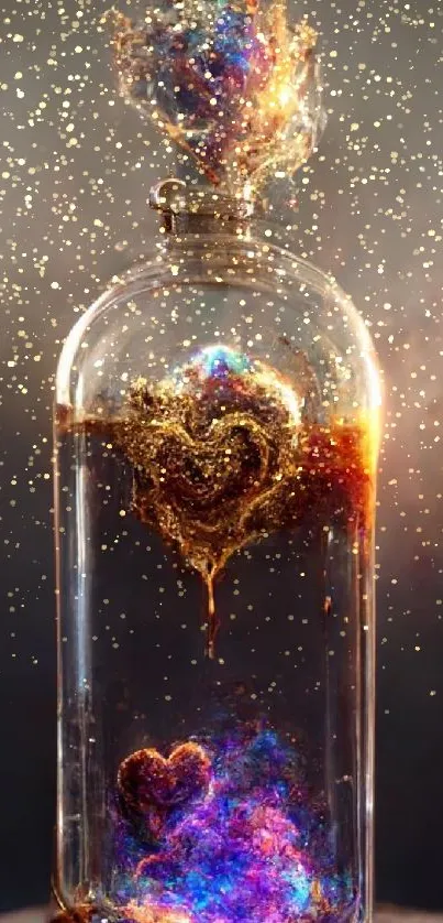 A glowing heart inside a glass bottle with vibrant, magical colors.