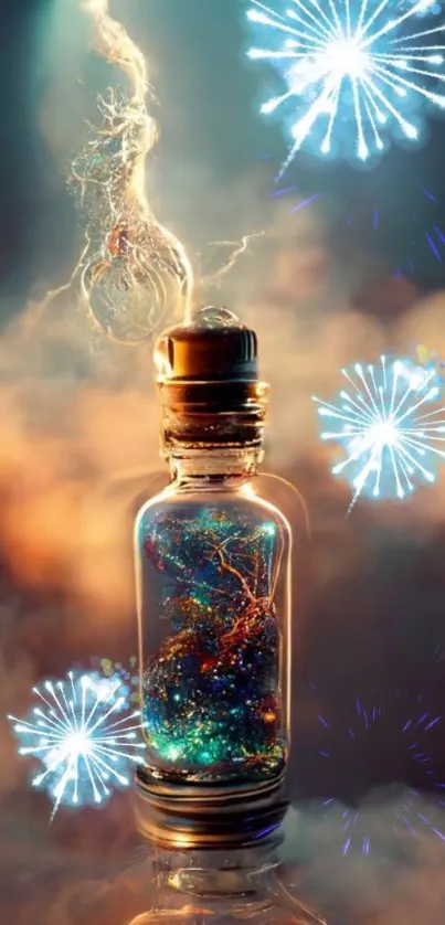 Colorful bottle with glowing fireworks and ethereal smoke.