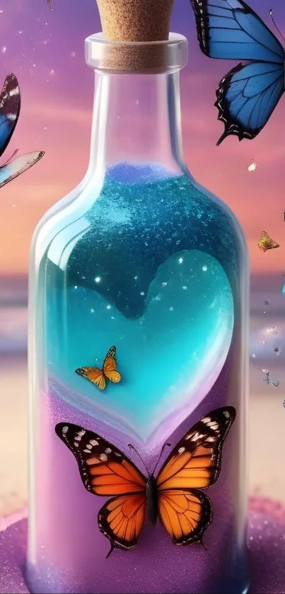 Enchanting bottle filled with sand and butterflies fluttering around.