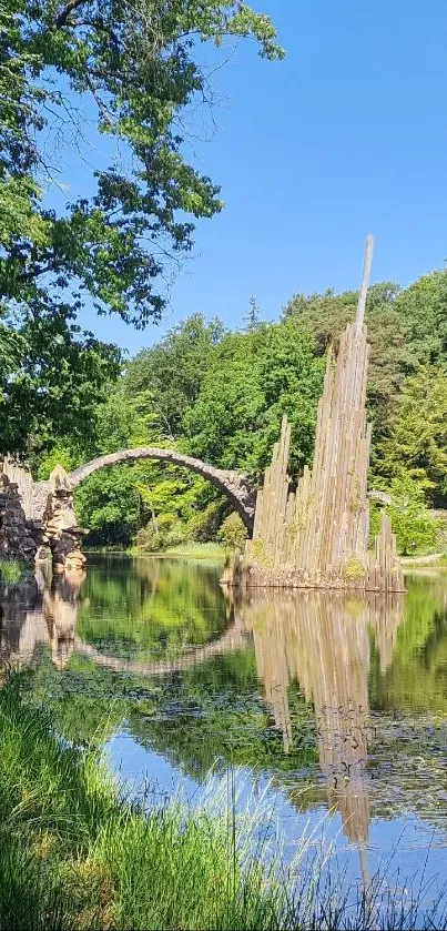 Serene bridge over calm waters with lush greens.