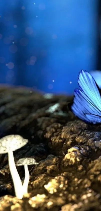 Blue butterfly and glowing mushrooms on a mystical dark blue background.