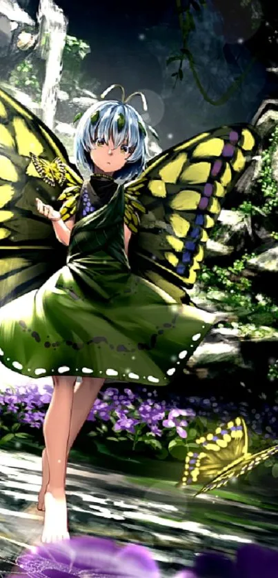 Anime girl with butterfly wings in nature scene.