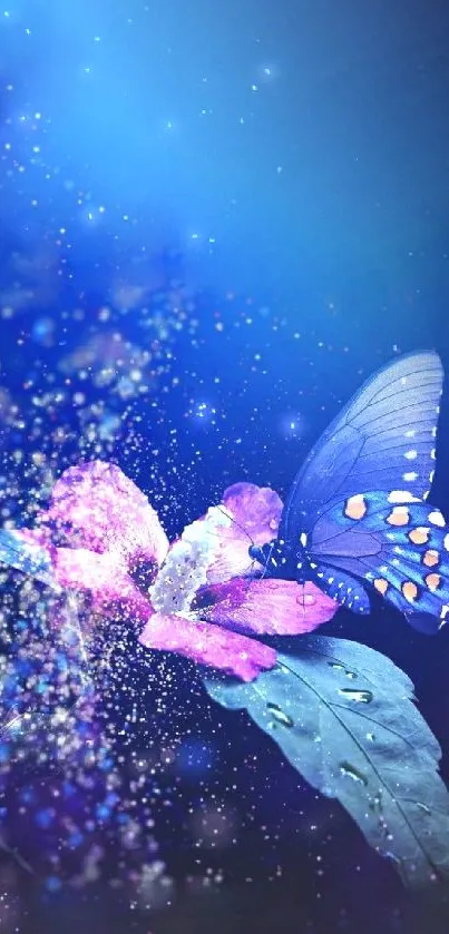 Butterfly and cosmic flower mobile wallpaper with vibrant blue hues.