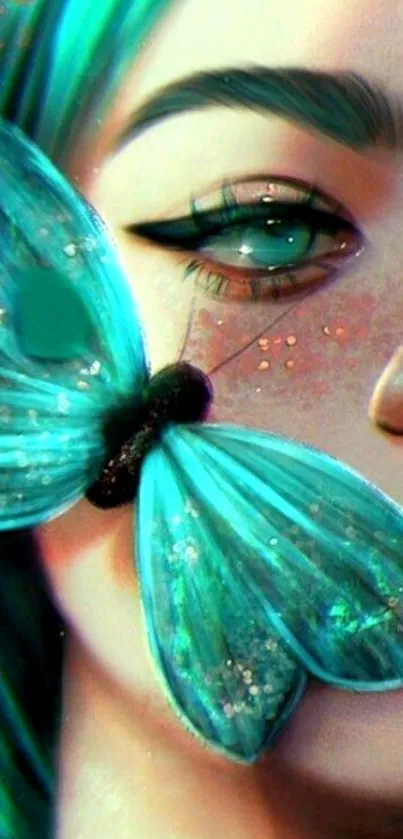 Close-up of a face with turquoise butterfly art on a mobile wallpaper.