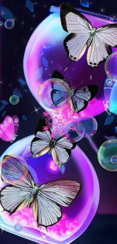 Vibrant neon butterfly design with glowing colors on a mobile wallpaper.