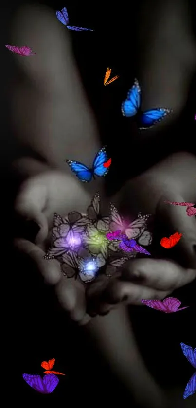 Mobile wallpaper with blue butterflies and dark background.