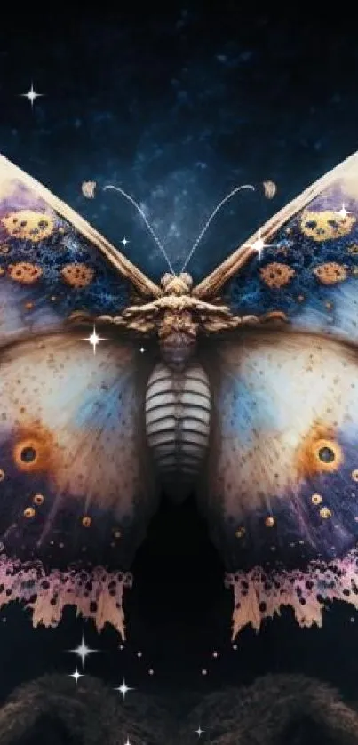 Enchanting butterfly with cosmic design on a vibrant backdrop.