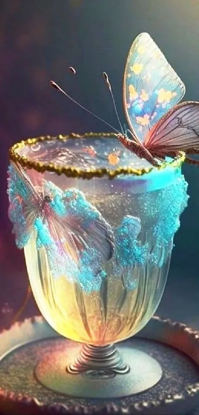 Butterfly perched on glowing ornate cup in a mystical setting.