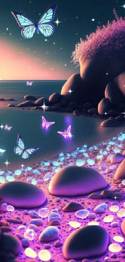 Twilight beach with glowing butterflies and rocks, capturing coastal magic.