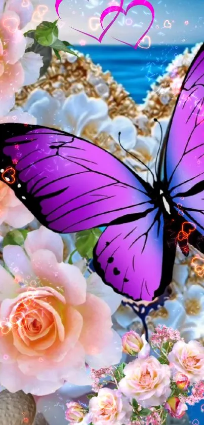 Purple butterfly with roses wallpaper art.