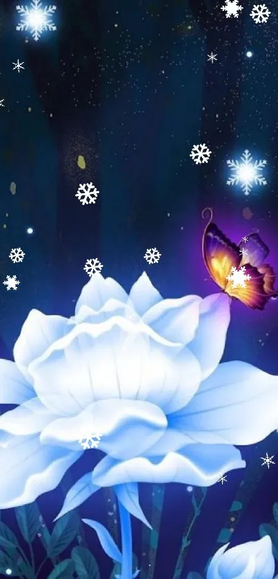 Mystical white flower with a vibrant butterfly in a dark, starry setting.