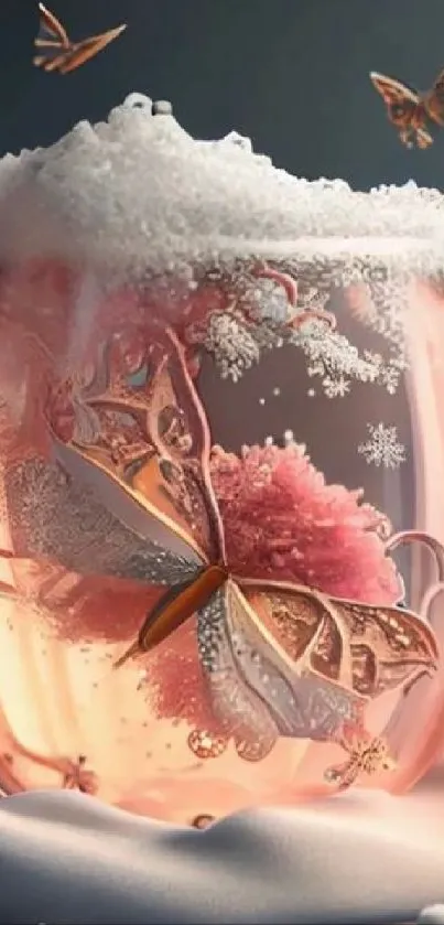 A magical butterfly encased in a pink mug with delicate snowflakes.