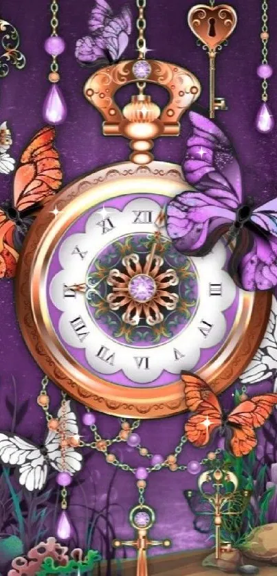 Vintage clock with colorful butterflies and a purple background.