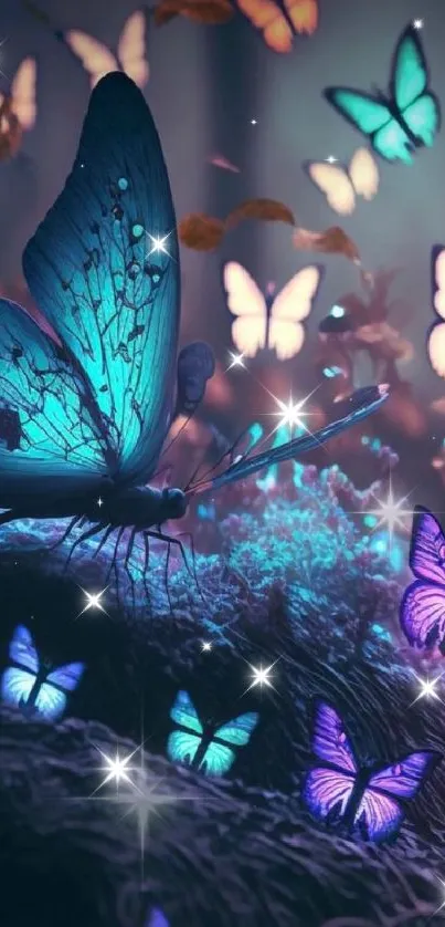 Vibrant teal butterflies in a mystical dreamscape.