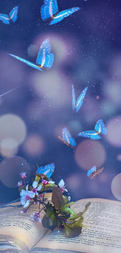 Magical blue butterflies emerge from an open book with a dreamy background.