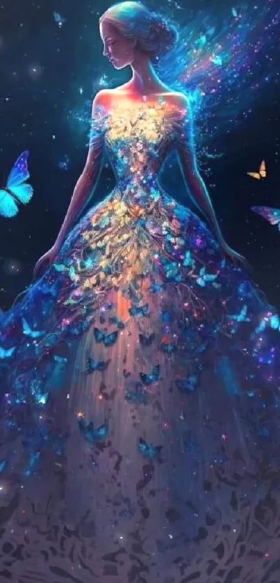 Fantasy lady in butterfly dress with vibrant colors and a magical glow.