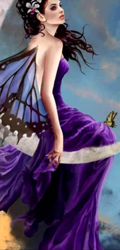 Fantasy art of a fairy with butterfly wings in a purple dress sitting on a crescent moon.