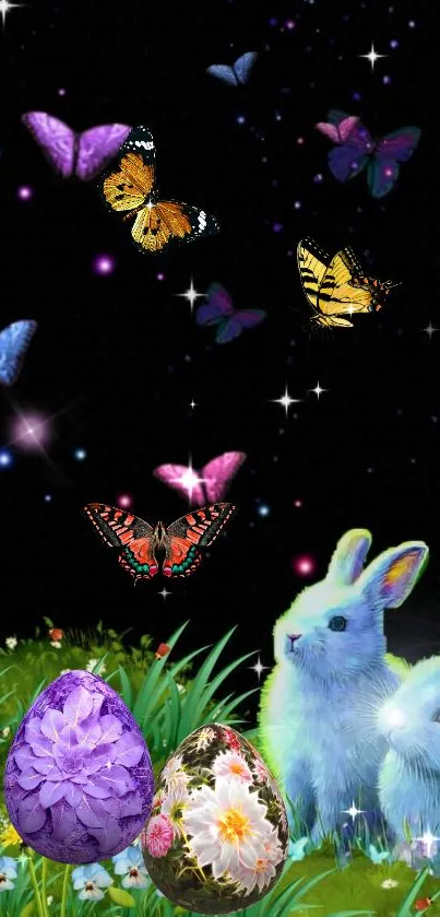 Fantasy wallpaper with butterflies, glowing rabbits, and flowers under a starry sky.