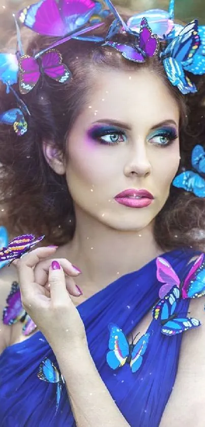 Woman surrounded by blue butterflies in a magical, enchanting scene.