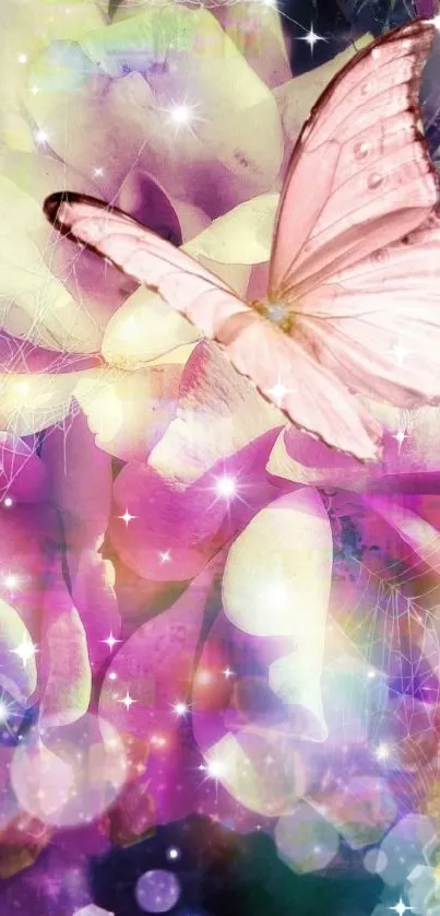 Pink butterfly with glowing flowers and lights on mobile wallpaper.