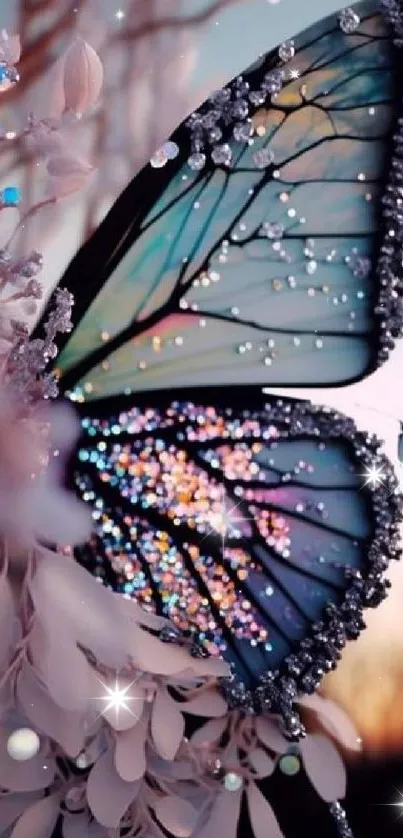 Fantasy butterfly with glittering wings on an ethereal mobile wallpaper.