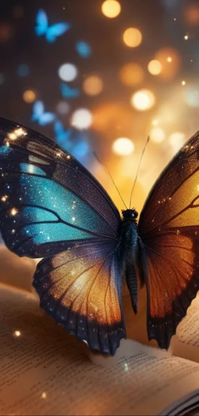 Enchanting butterfly with glowing wings on a book in a magical, sparkling scene.