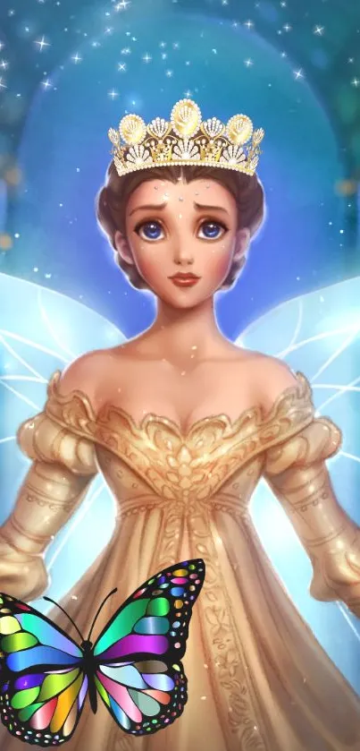 Ethereal princess with butterfly on a blue fantasy background.