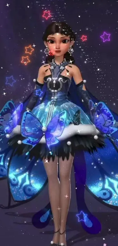 Fantasy artwork of a character in a blue butterfly dress with a galaxy background.