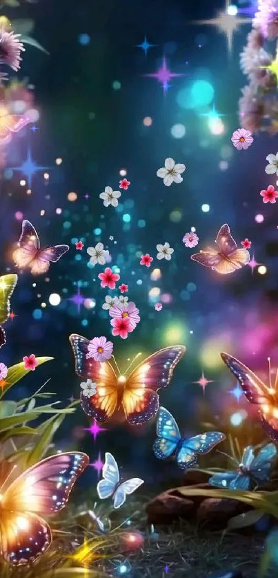 Fantasy wallpaper with luminous butterflies and flowers in vibrant colors.