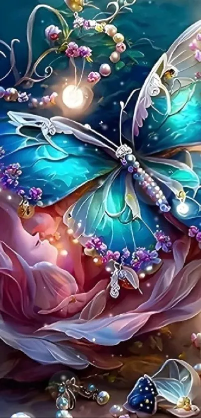 Beautiful fantasy art with a blue butterfly and flowers.