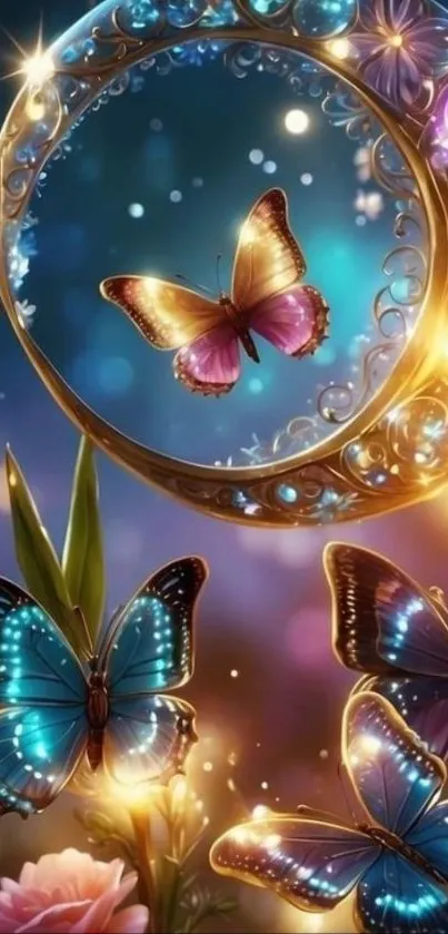 Colorful fantasy butterflies with mystical aura.
