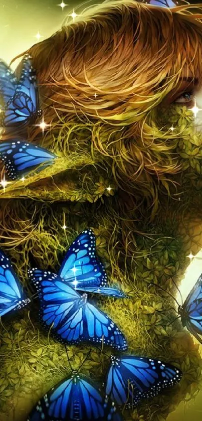 Fantasy art with blue butterflies and lush nature surrounding a mystical figure.