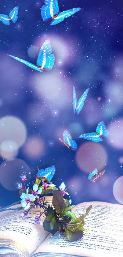 Blue butterflies fly over an open book under a starry night sky.